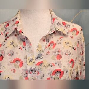 Semi Sheer Soft Floral 1/2 Button-Up Blouse Light Grey Coral Yellow Green S